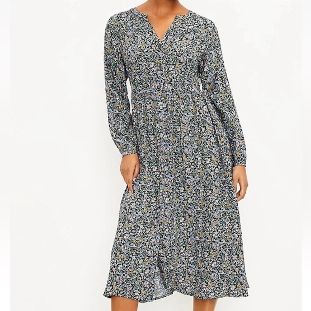 LOFT 6 Floral Long-Sleeve Button Down Prairie Boho Floral Smocked Midi Dress‎
